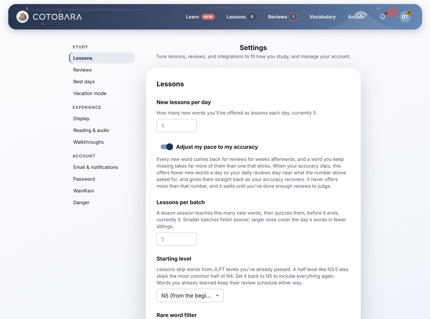 Cotobara's settings: new lessons per day, adaptive pace, lessons per batch and starting level