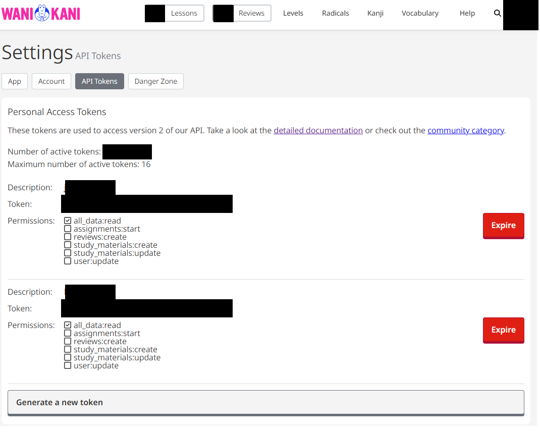The WaniKani API Tokens page with the Generate a new token button