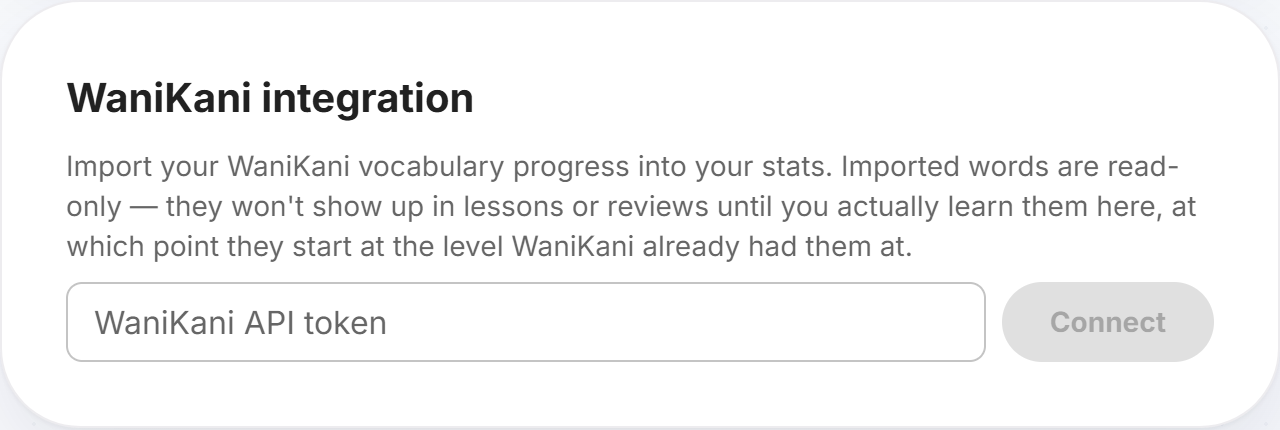 Cotobara's WaniKani integration settings card with the API token field and Connect button