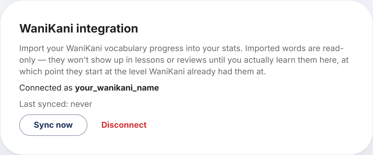 The connected WaniKani card showing the linked account, last-synced time, and Sync now button