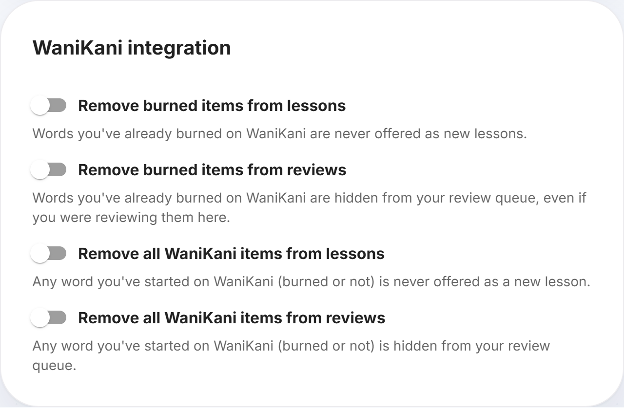 The four WaniKani exclusion filter toggles in Cotobara settings