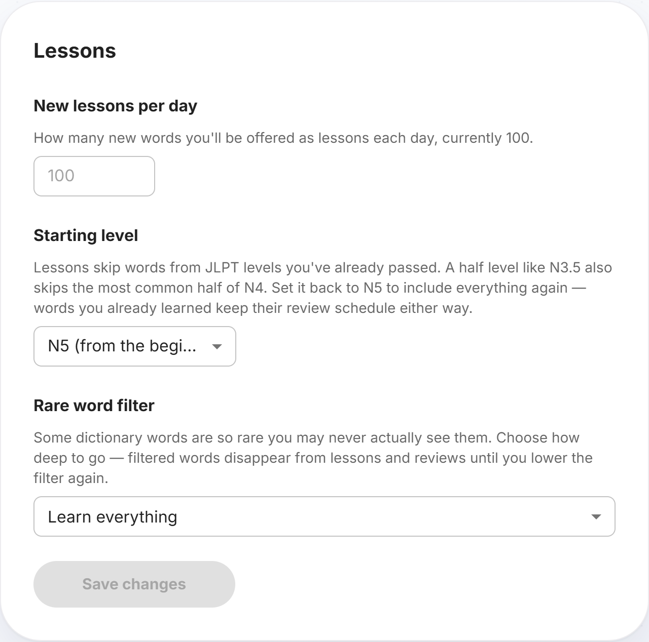 Cotobara's Lessons settings card with the Starting level dropdown